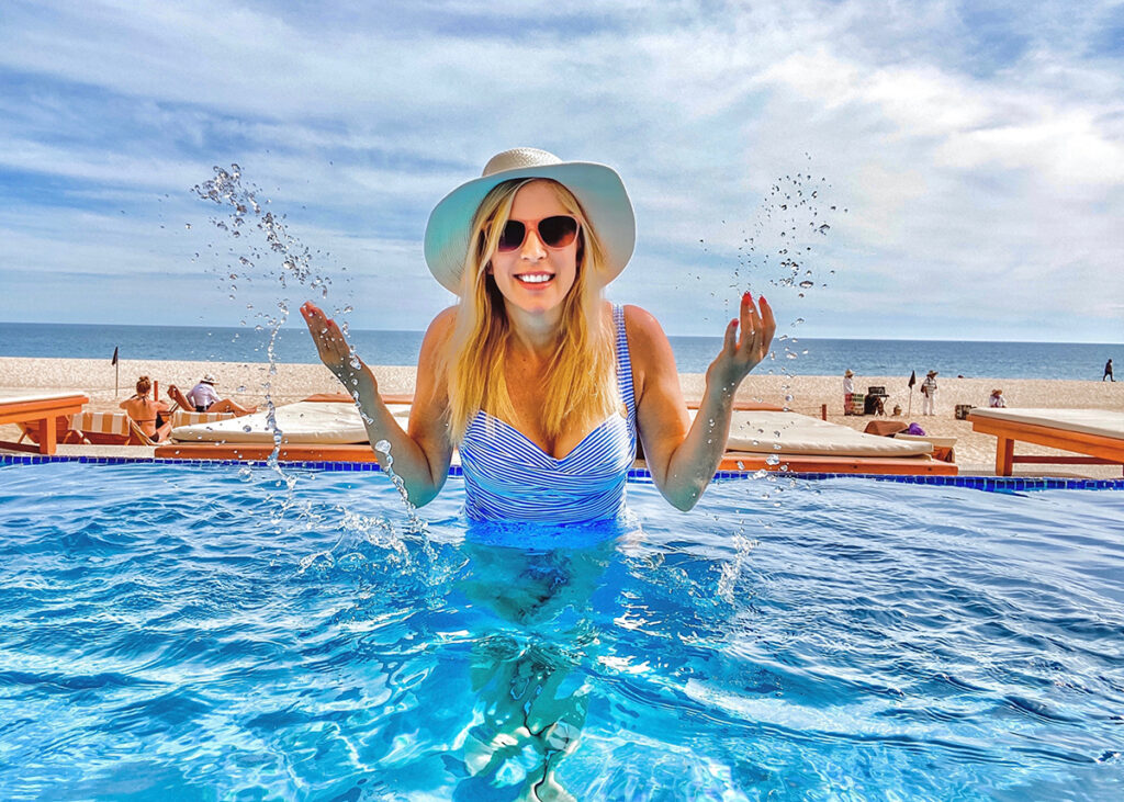 Food Heals Author Allison Melody takes a break in Cabo to write, podcast, relax and swim.